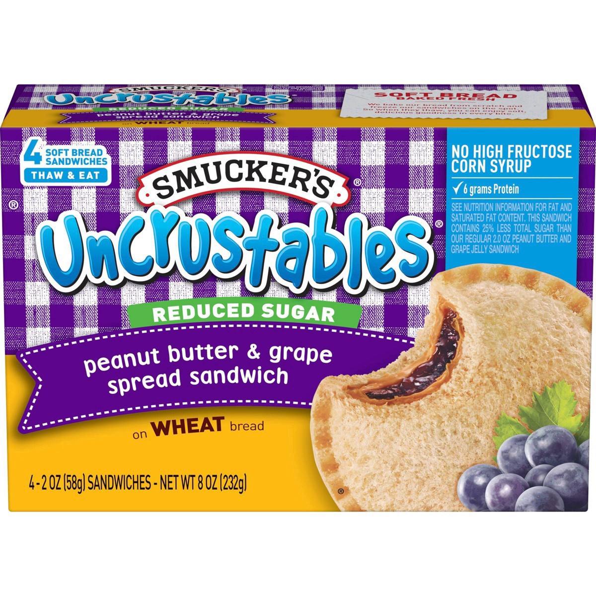 slide 1 of 26, Smucker's Uncrustables Frozen Whole Wheat Peanut Butter & Grape Jelly Sandwiches - 8oz/4ct, 