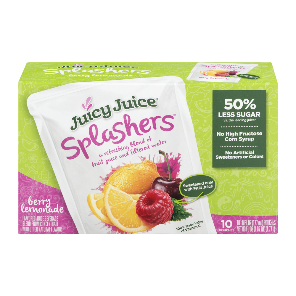 slide 1 of 1, Juicy Juice Splashers Berry Lemonade Flavored Juice Beverage Pouches - 10 ct; 6 fl oz, 10 ct; 6 fl oz