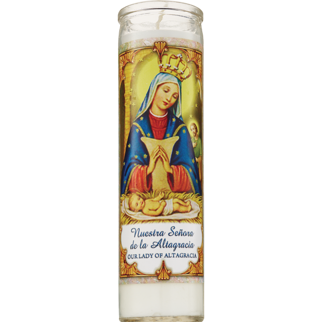 slide 1 of 1, PRAYER CANDLE Star Novena Candle 8" White "Nuestra Sra. De Altagracia", 8 in