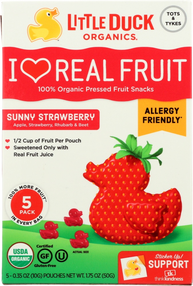 slide 1 of 1, Little Duck Organics I Heart Real Fruit Pressed Fruit Snacks, Sunny Strawberry, 5-0.35 Oz Bags, 1.75 oz