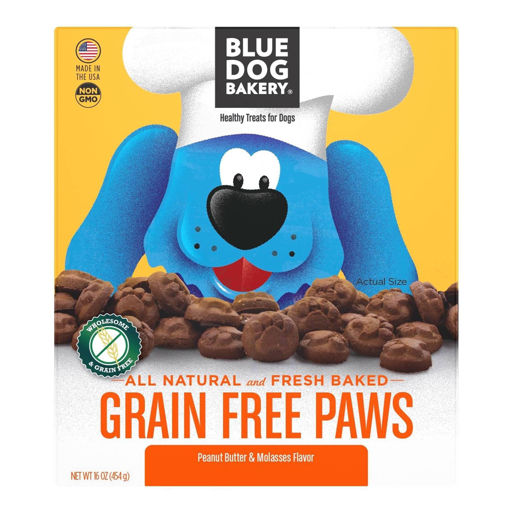 slide 1 of 7, Blue Dog Bakery Peanut Butter & Molasses Paws Grain Free Dog Biscuits, 16 oz