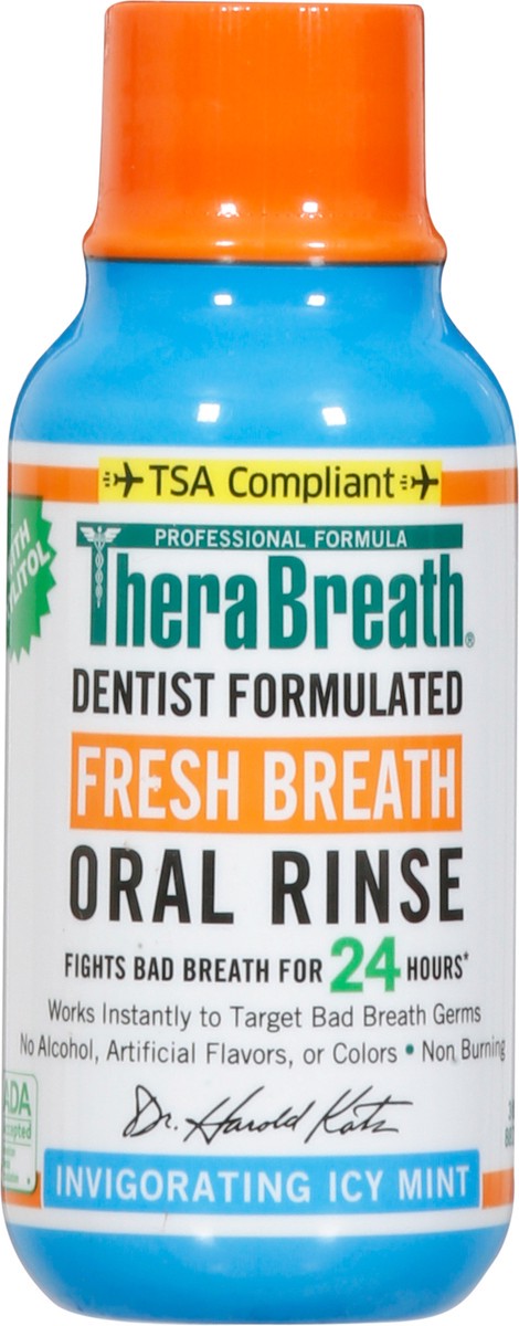 slide 4 of 9, TheraBreath Fresh Breath Mouthwash, Icy Mint, Alcohol-Free, Travel Size, 3 fl oz, 3 fl oz