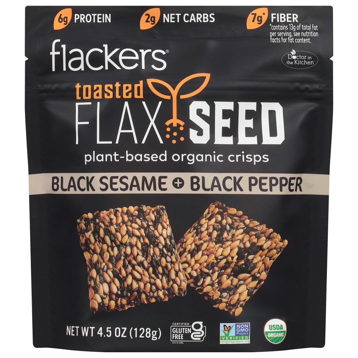 slide 1 of 11, Flackers Organic Plant-Based Toasted Flax Seed Black Sesame + Black Pepper Crisps 4.5 oz, 4.5 oz