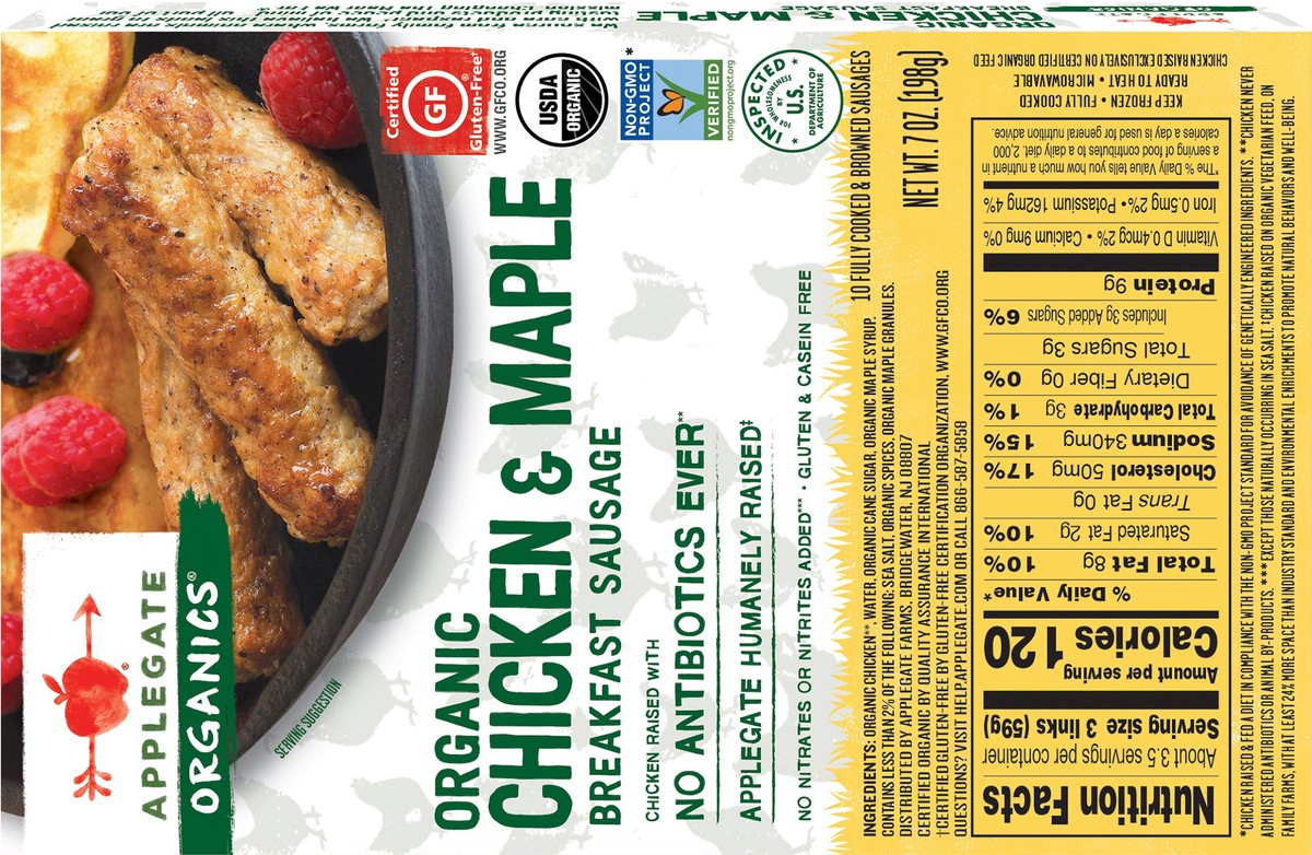 slide 7 of 9, Applegate Organics Chicken & Maple Breakfast Sausage, 10 ct; 7 oz