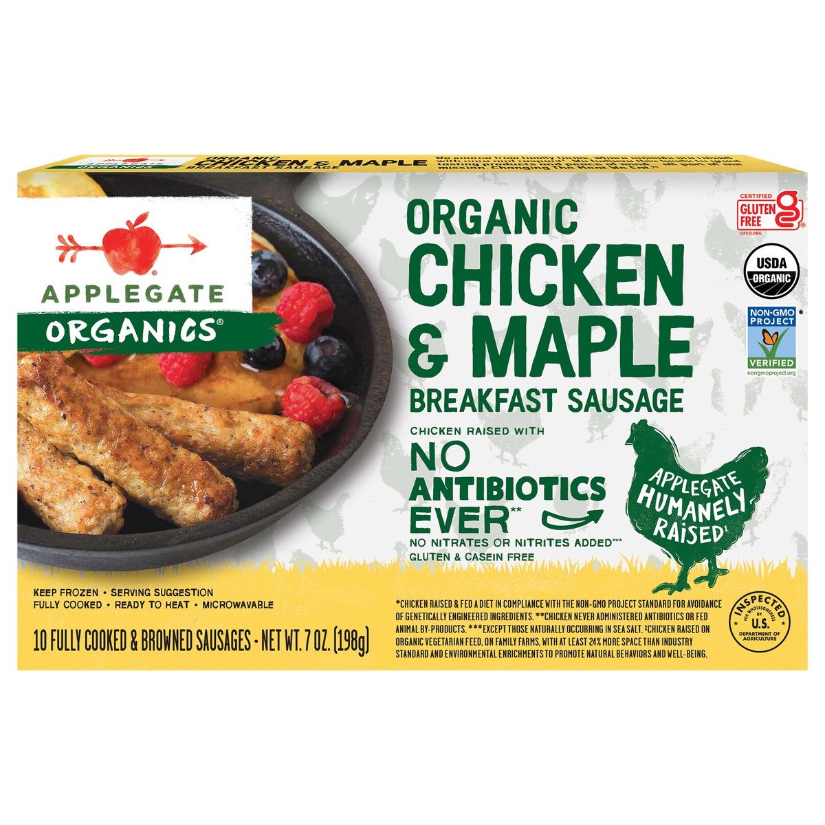 slide 1 of 9, Applegate Organic Chicken & Maple Breakfast Sausage, 7oz (Frozen), 10 ct