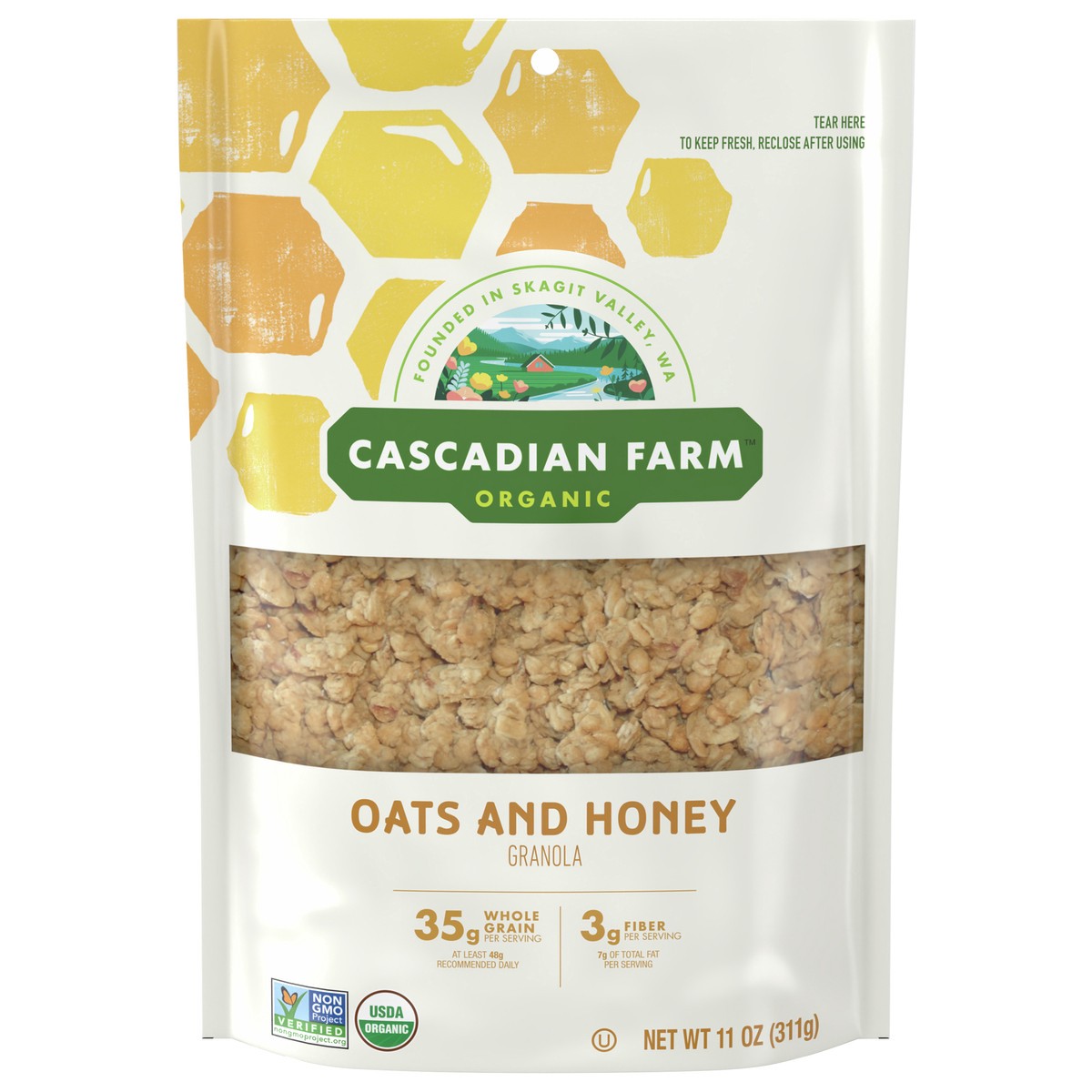 slide 8 of 14, Cascadian Farm Organic Granola, Oats and Honey Cereal, Resealable Pouch, 11 oz., 11 oz