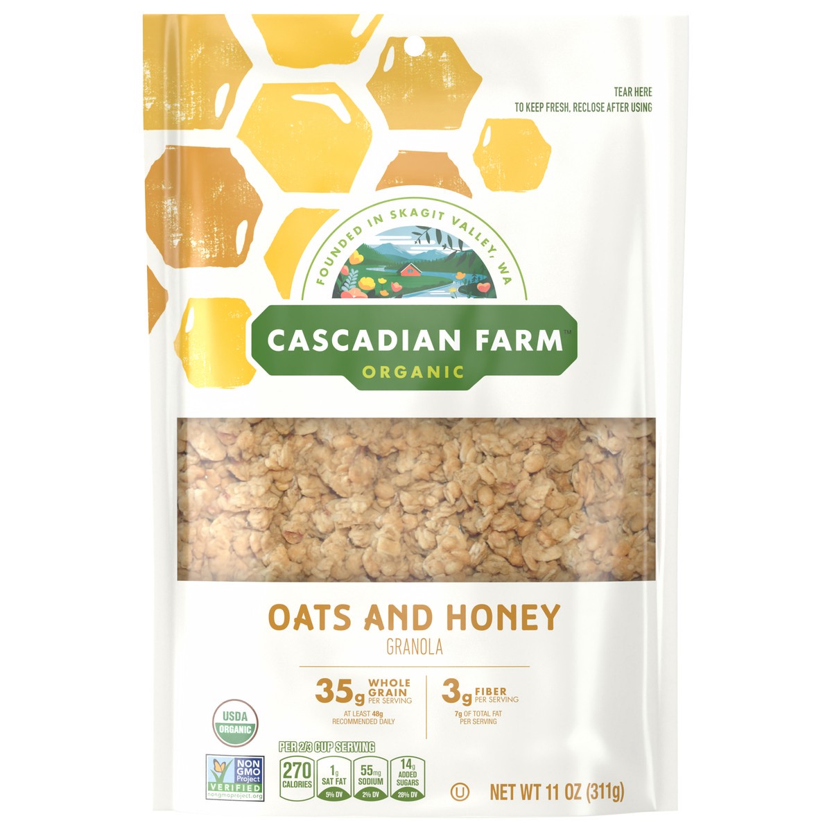 slide 1 of 14, Cascadian Farm Organic Granola, Oats and Honey Cereal, Resealable Pouch, 11 oz., 11 oz