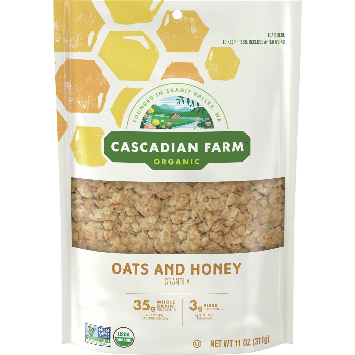 slide 1 of 14, Cascadian Farm Organic Granola, Oats and Honey Cereal, Resealable Pouch, 11 oz., 11 oz