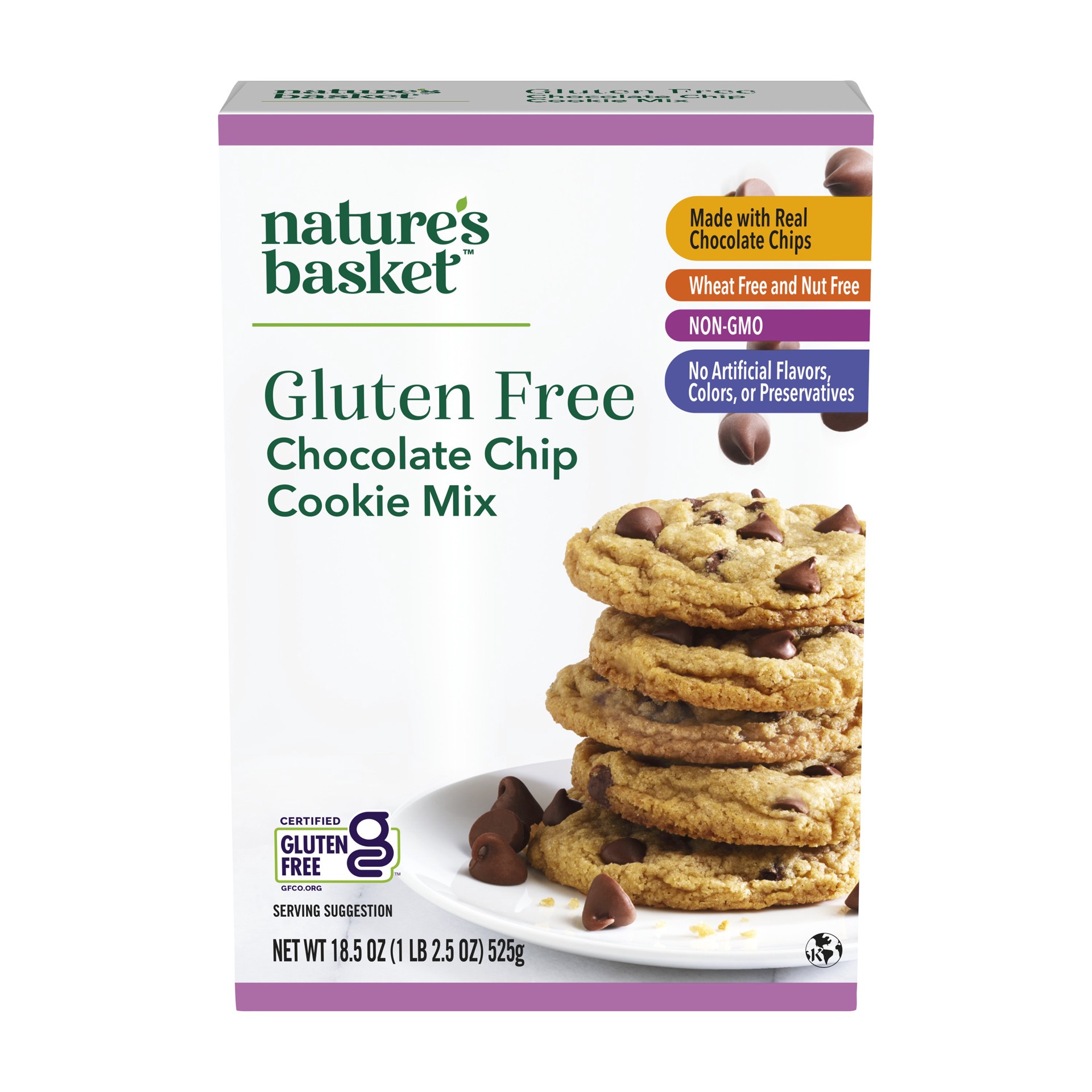 slide 1 of 1, nature's basket Gf Choc Chip Cookie Mix, 18.5 oz