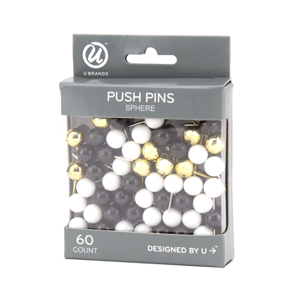 slide 1 of 1, U Brands Sphere Push Pins, Black White and Gold Assorted Colors, 60 ct