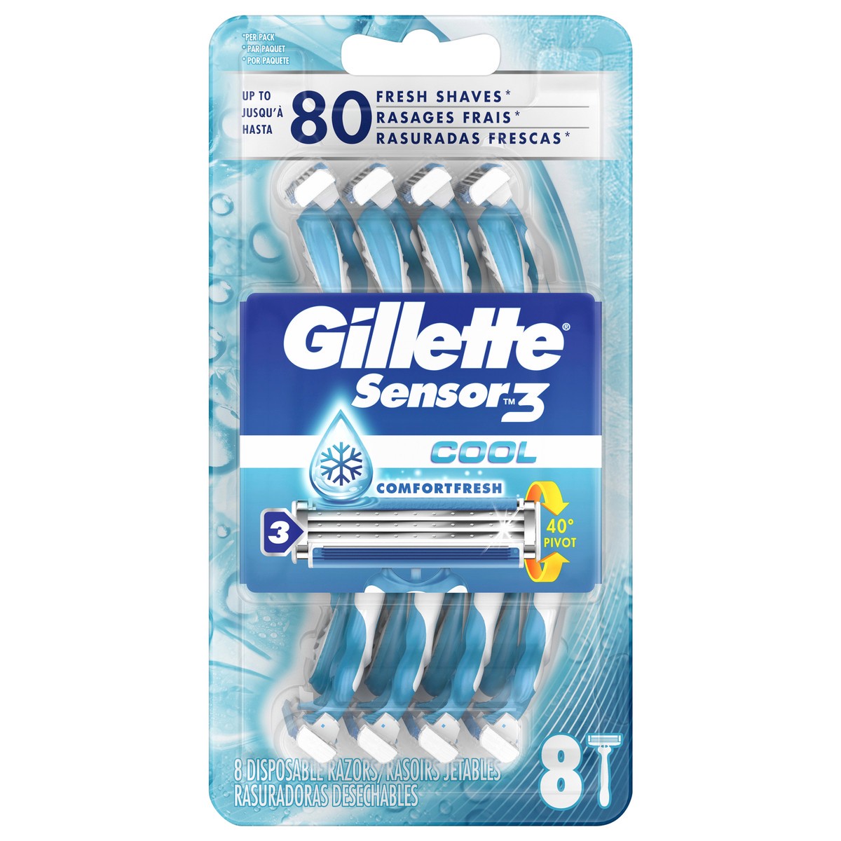 slide 1 of 4, Gillette Sensor3 Cool Men''s Disposable Razors, 8 Count, 8 ct