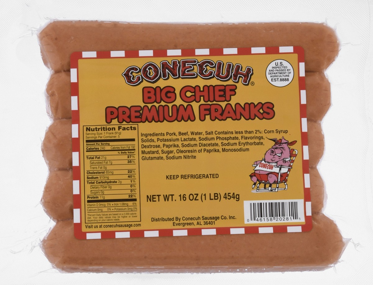 slide 9 of 13, Conecuh Big Chief Premium Franks, 16 oz