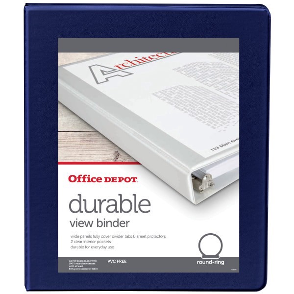 slide 3 of 5, Office Depot Brand 3-Ring Durable View Binder, 1/2"" Round Rings, 49% Recycled, Blue, 1 ct