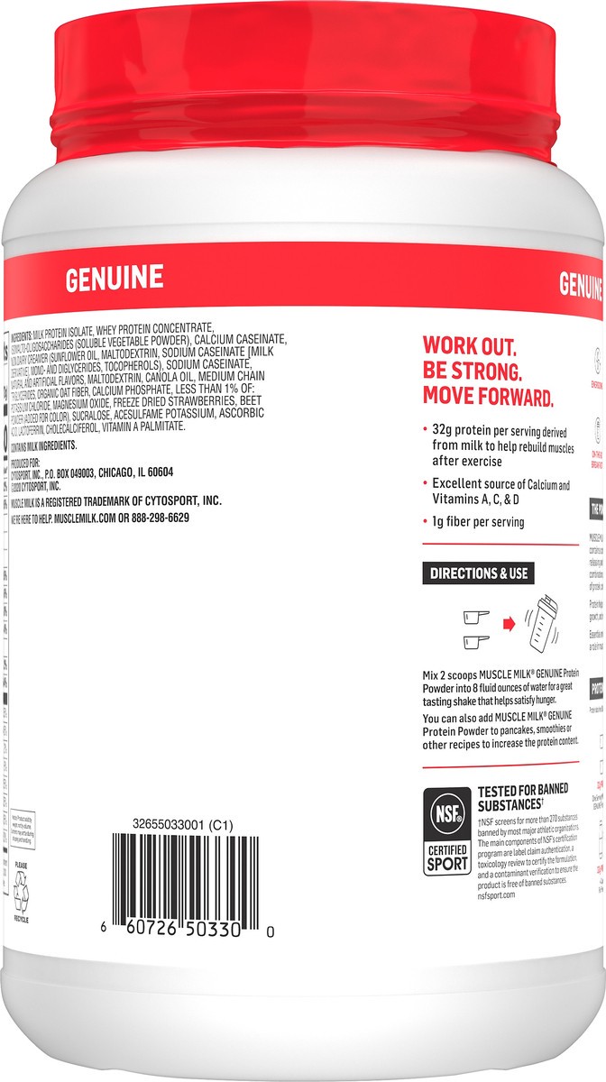 slide 4 of 5, Muscle Milk Genuine Strawberries 'n Creme Protein Powder 39.5 oz, 2.47 lb