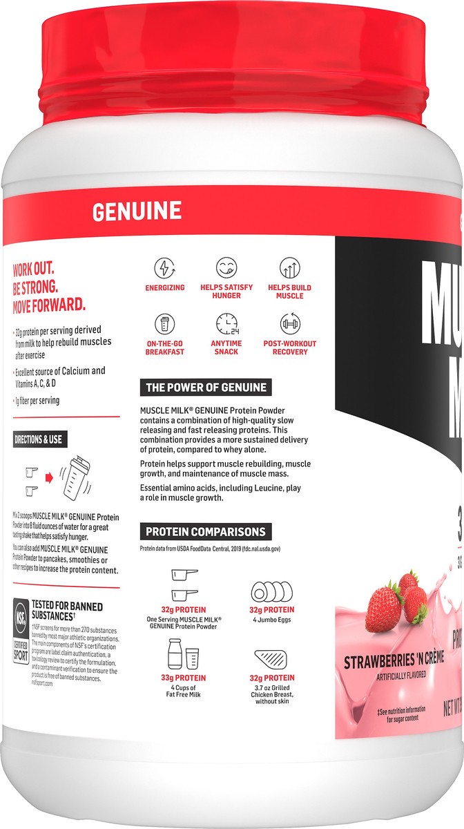 slide 3 of 5, Muscle Milk Genuine Strawberries 'n Creme Protein Powder 39.5 oz, 2.47 lb