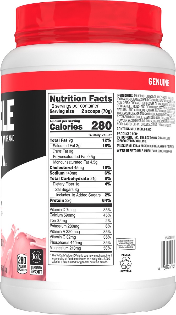 slide 5 of 5, Muscle Milk Genuine Strawberries 'n Creme Protein Powder 39.5 oz, 2.47 lb