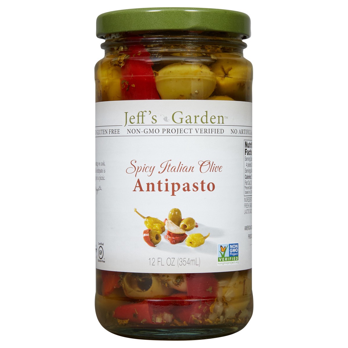 slide 1 of 7, Jeff's Garden Jeffs Naturals Spicy Italian Olive Antipasto, 12 oz