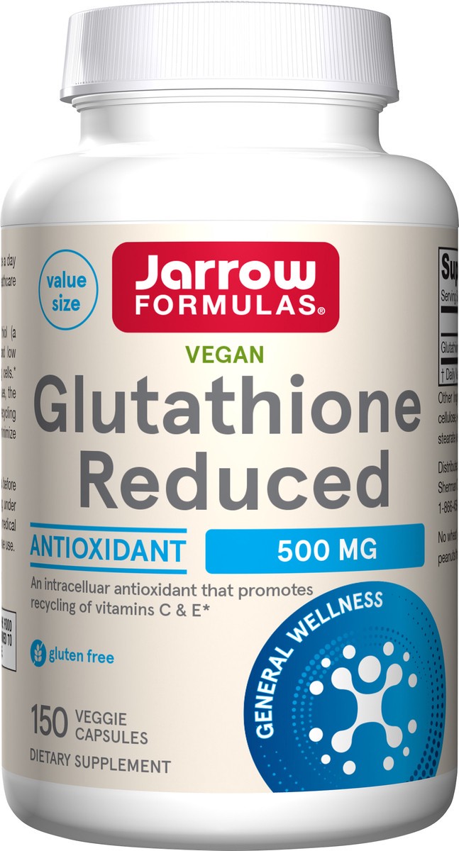 slide 3 of 9, Jarrow Formulas Glutathione Reduced 500mg - Pharmaceutical Grade Glutathione - Intracellular Antioxidant - Bolsters Regeneration of Vitamin C & E Levels - 150 Veggie Capsules (PACKAGING MAY VARY), 150 ct