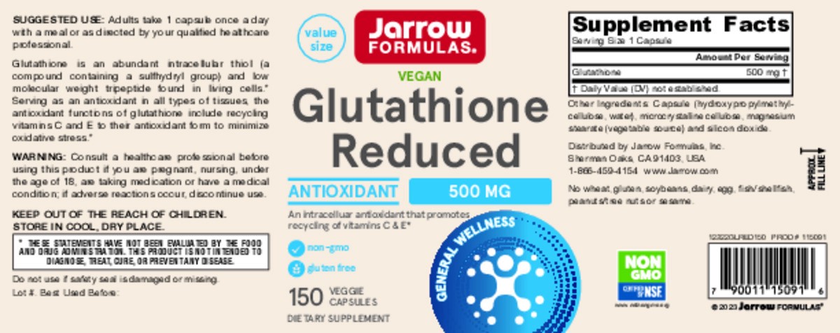 slide 2 of 9, Jarrow Formulas Glutathione Reduced 500mg - Pharmaceutical Grade Glutathione - Intracellular Antioxidant - Bolsters Regeneration of Vitamin C & E Levels - 150 Veggie Capsules (PACKAGING MAY VARY), 150 ct