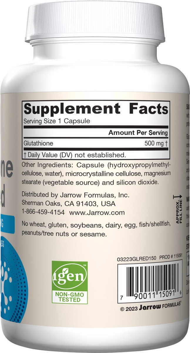 slide 9 of 9, Jarrow Formulas Glutathione Reduced 500mg - Pharmaceutical Grade Glutathione - Intracellular Antioxidant - Bolsters Regeneration of Vitamin C & E Levels - 150 Veggie Capsules (PACKAGING MAY VARY), 150 ct