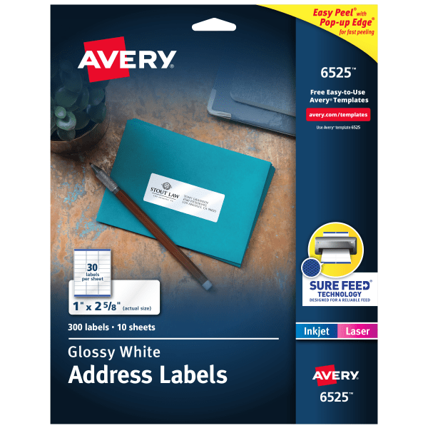 slide 1 of 10, Avery Glossy Permanent Labels, 6525, Mailing, 1" X 2 5/8", White, Pack Of 300, 300 ct