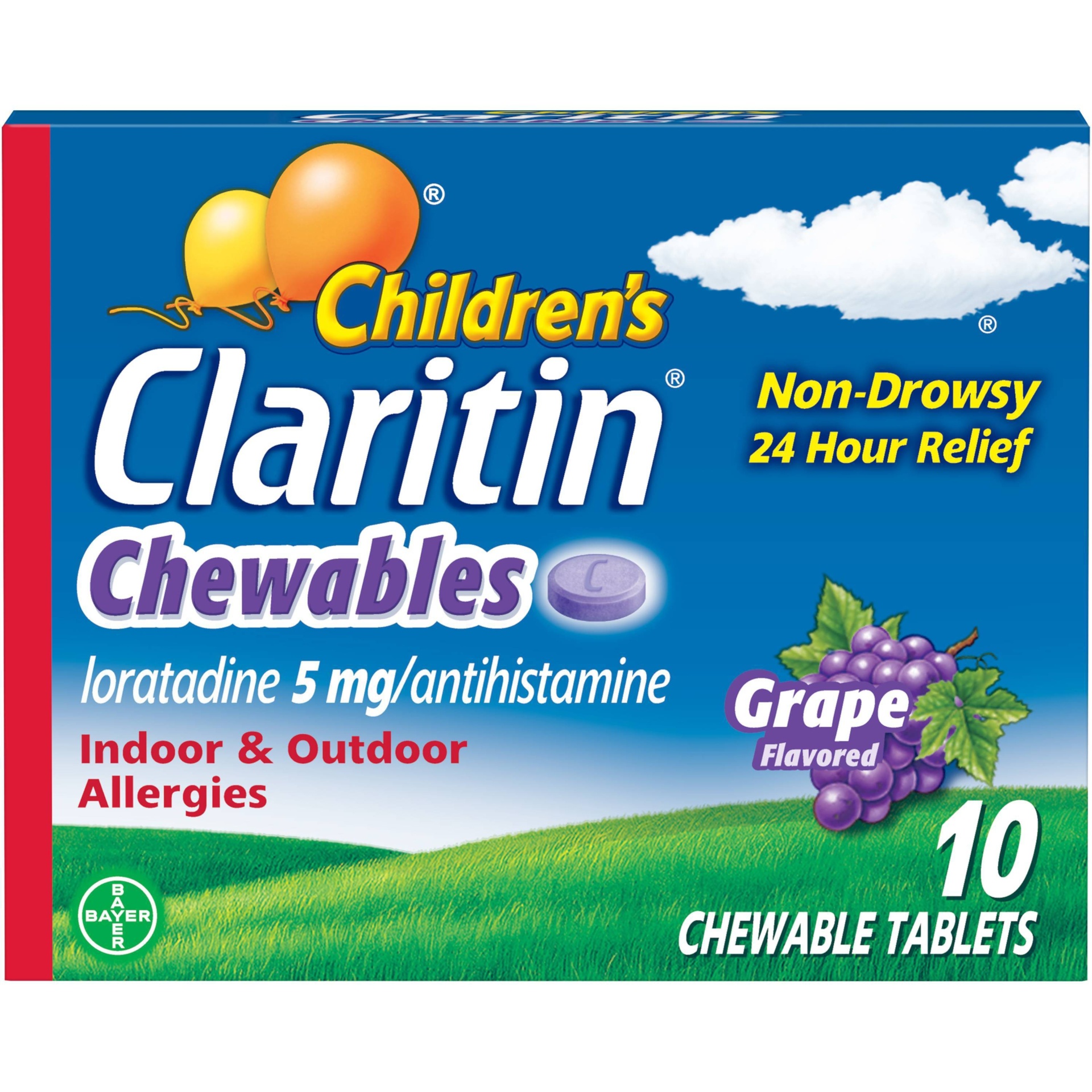 slide 1 of 1, Claritin Children's 24 Hour Non-Drowsy Indoor & Outdoor Allergies Grape Chewable Tablets Antihistamine, 10 ct