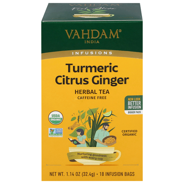 slide 1 of 1, Vahdam Infusions Caffeine Free Turmeric Citrus Ginger Herbal Tea Bags, 18 ct