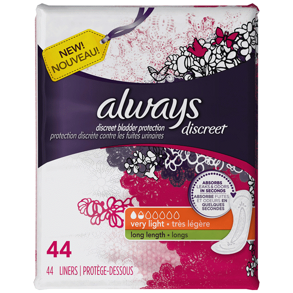 slide 1 of 1, Always Discreet Bladder Protection, Very Light, Long Length, 44 Liners, 44 ct