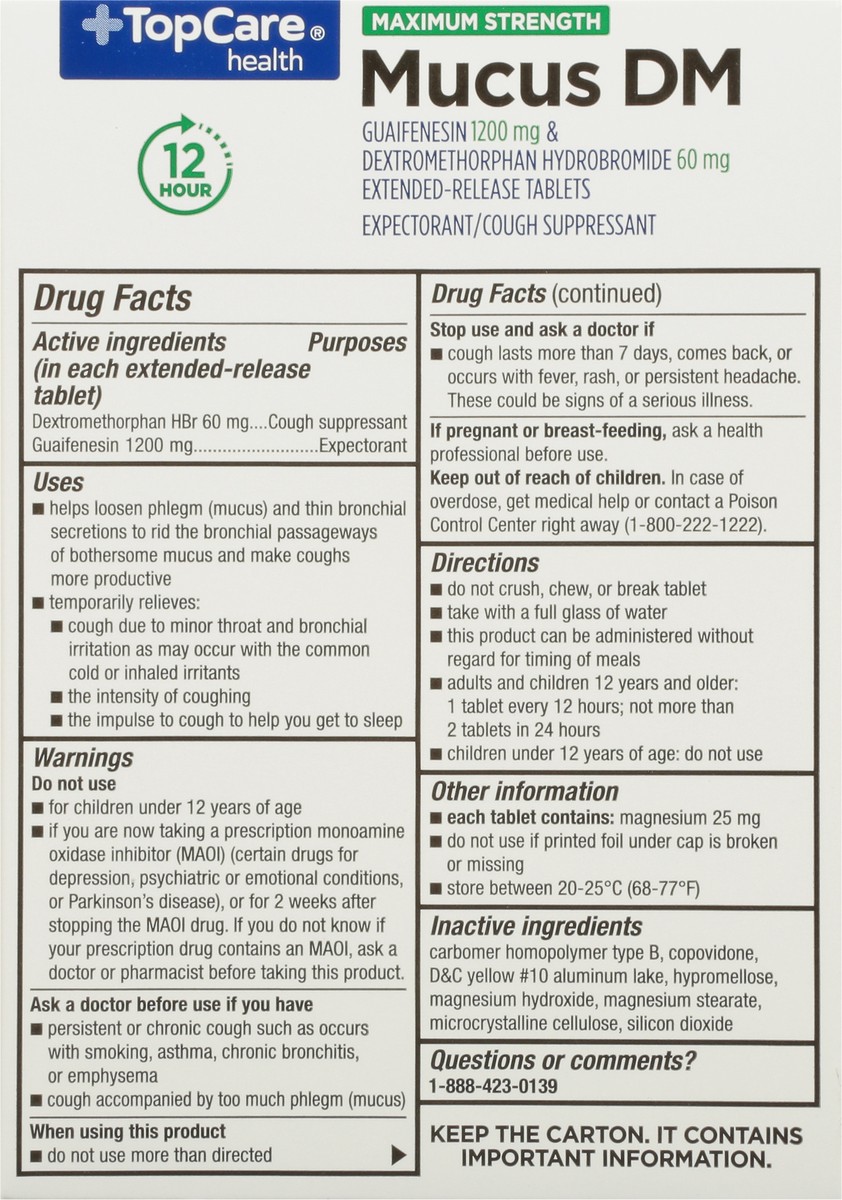 slide 7 of 9, TopCare Health Maximum Strength 1200 mg/60 mg Mucus DM 28 Extended-Release Tablets, 28 ct