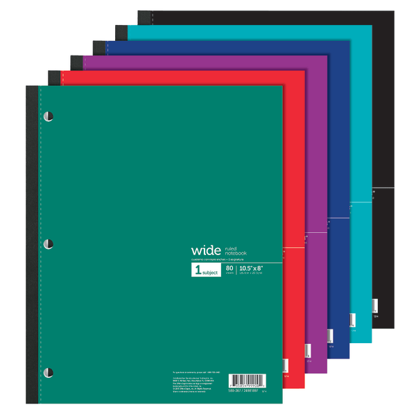 slide 1 of 7, Office Depot Brand Wireless Notebook, 8 1/2'' X 10 1/2'', 3-Hole Punched, 1 Subject, Wide Ruled, 80 Sheets, Assorted Colors, 80 ct