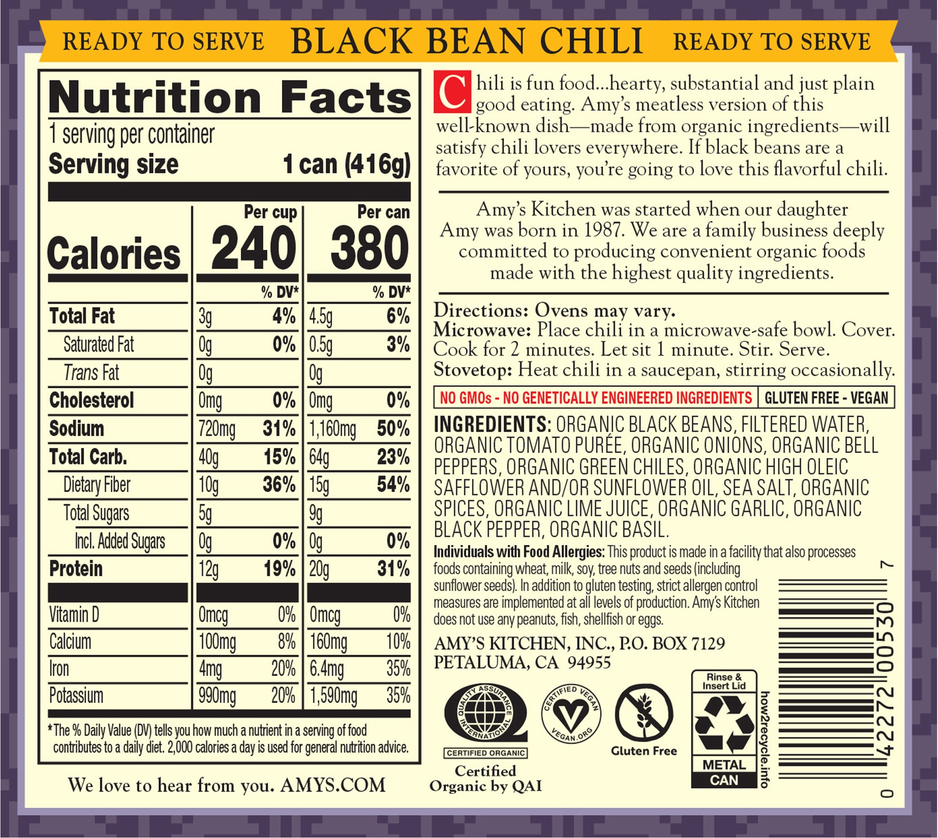 slide 7 of 7, Amy's Organic Low Fat Black Bean Chili, 14.7 oz