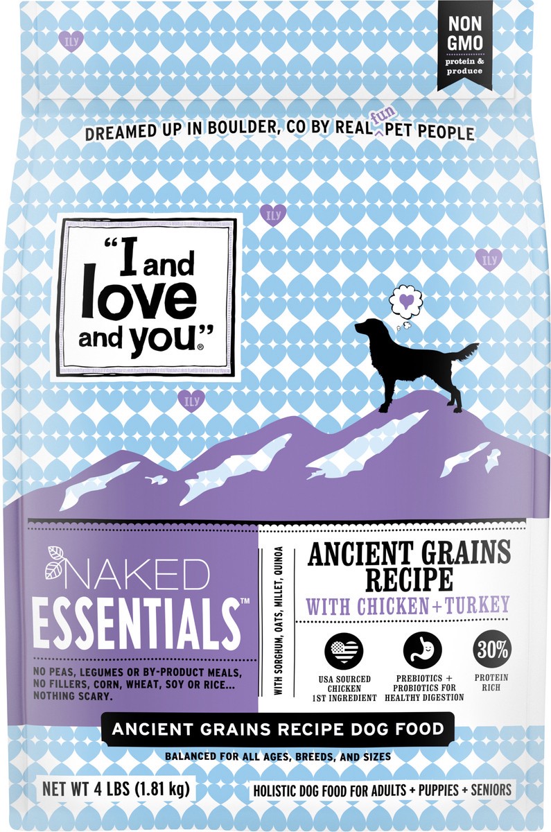 slide 5 of 10, I and Love and You "I and love and you" Naked Essentials Ancient Grains Dry Dog Food, Chicken and Turkey Recipe, Prebiotics and Probiotics, Real Meat, No Fillers, 4lb Bag, 4 lb