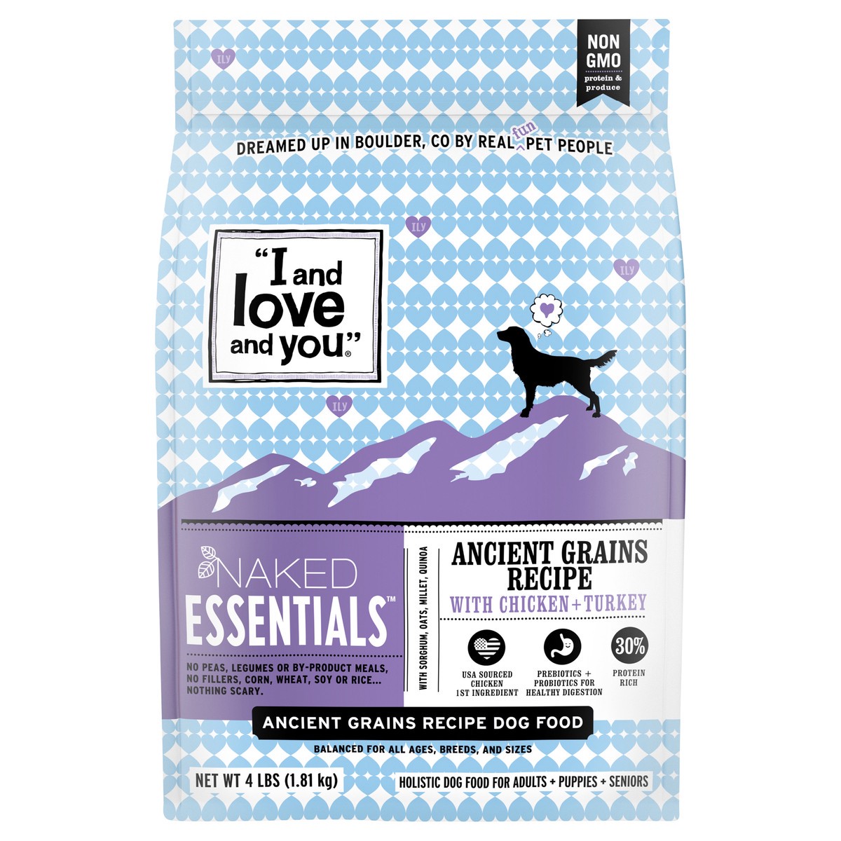 slide 7 of 10, I and Love and You "I and love and you" Naked Essentials Ancient Grains Dry Dog Food, Chicken and Turkey Recipe, Prebiotics and Probiotics, Real Meat, No Fillers, 4lb Bag, 4 lb
