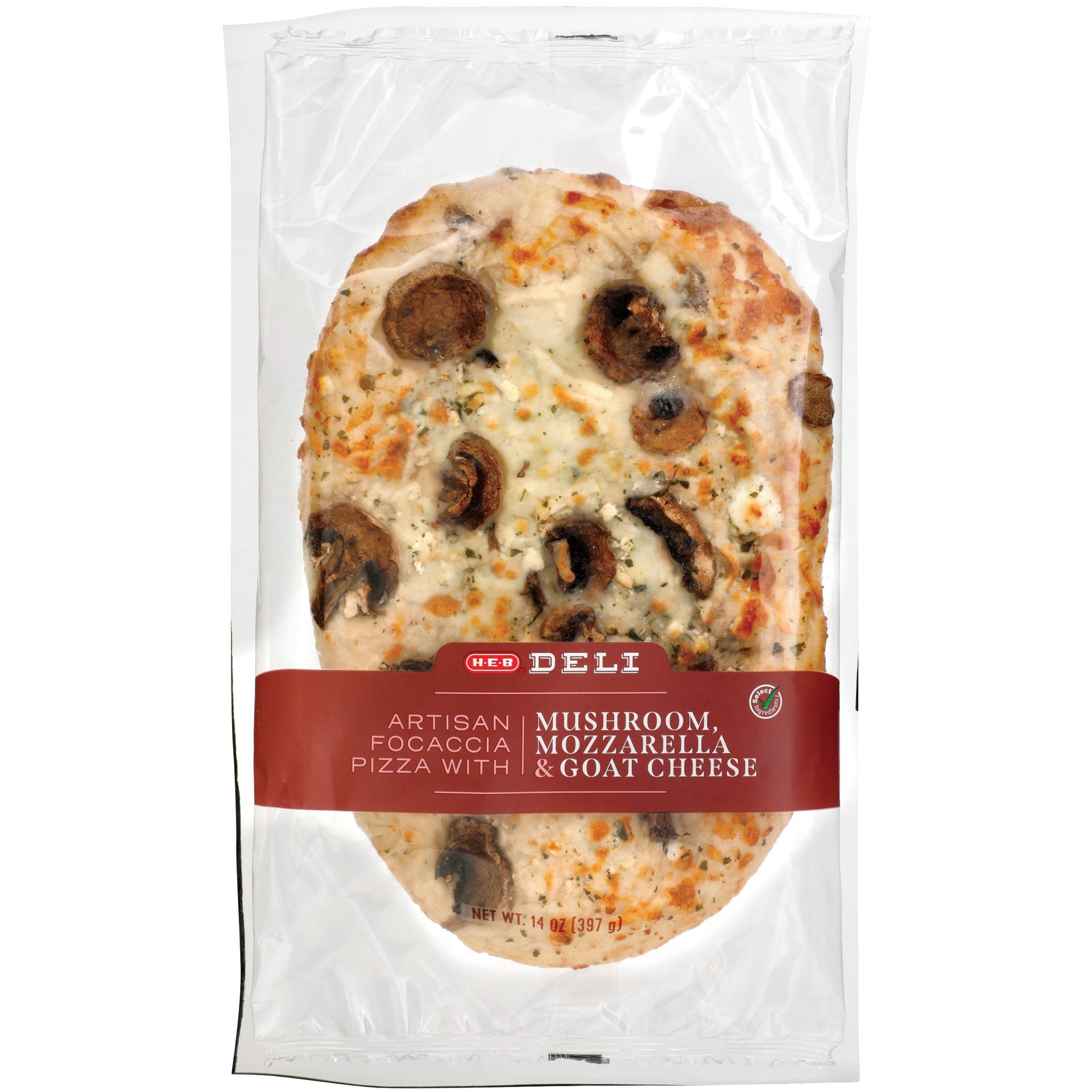 slide 1 of 1, H-E-B Deli Artisan Focaccia Pizza - Mushroom, Mozzarella & Goat Cheese, 14 oz