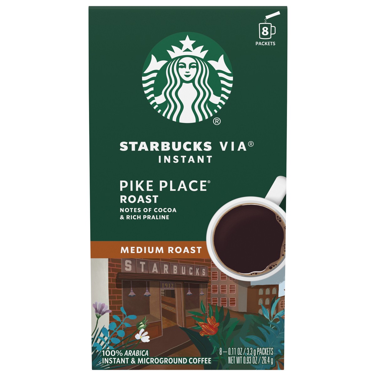 slide 1 of 9, Starbucks Medium Roast Instant & Microground Pike Place Coffee 8 - 0.11 oz Packets, 8 ct