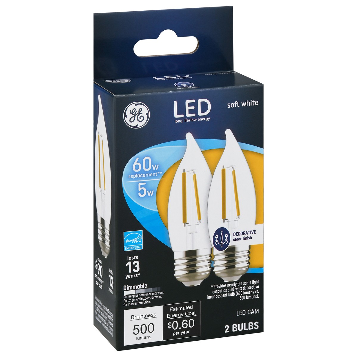 slide 4 of 9, GE 5 Watts Clear Finish Soft White Decorative LED Light Bulb 2 ea, 2 ct