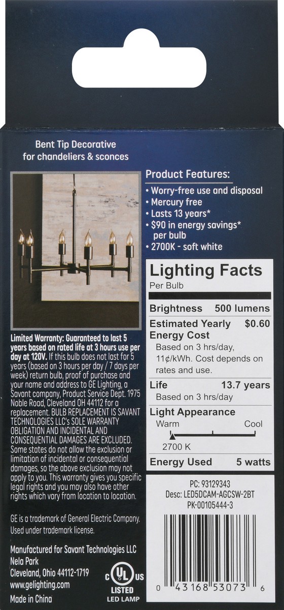 slide 8 of 9, GE 5 Watts Clear Finish Soft White Decorative LED Light Bulb 2 ea, 2 ct