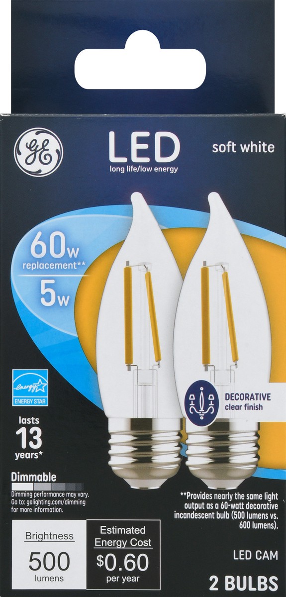 slide 6 of 9, GE 5 Watts Clear Finish Soft White Decorative LED Light Bulb 2 ea, 2 ct