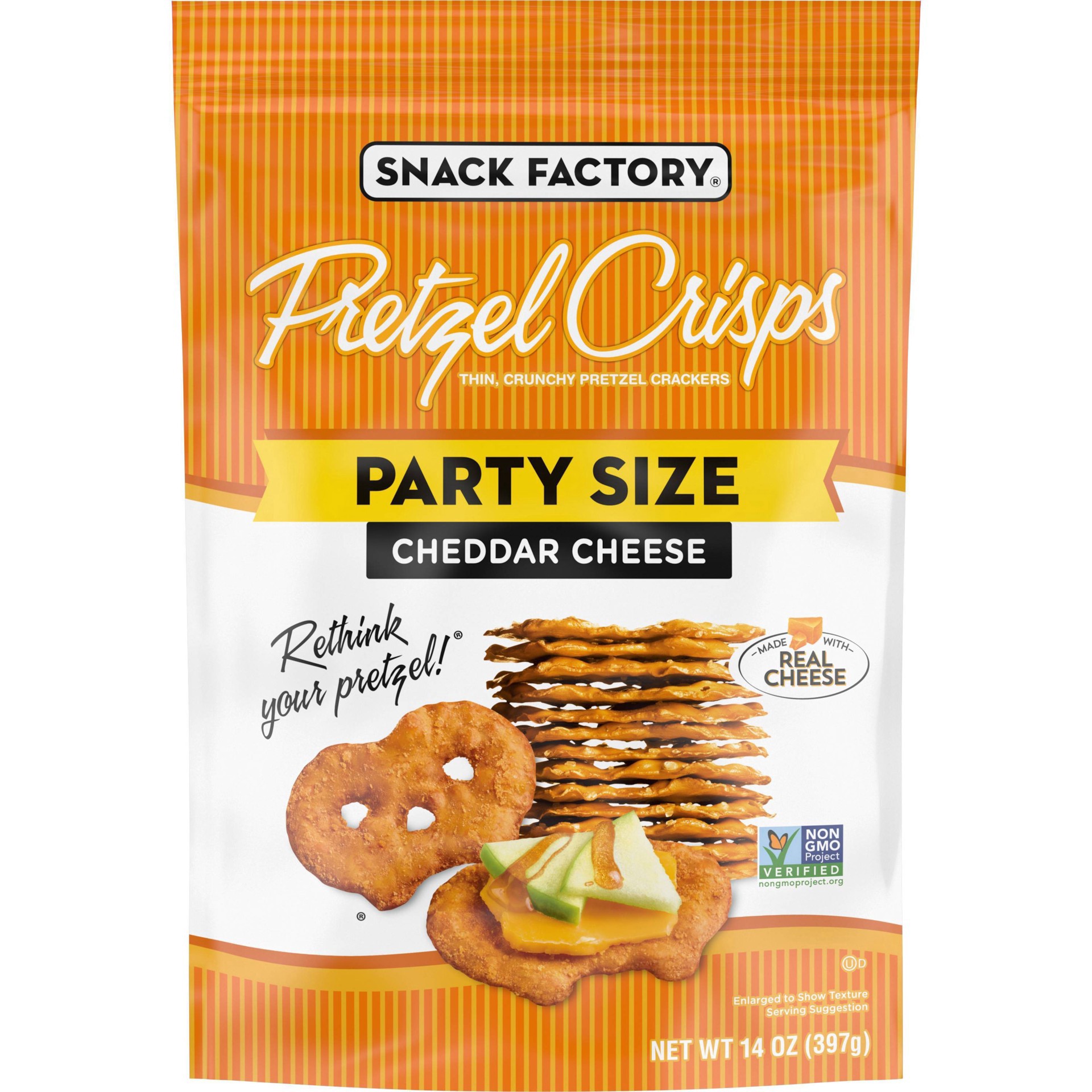 slide 1 of 5, Snack Factory Pretzel Crisps, Cheddar Cheese, Party Size, 14 Oz, 14 oz