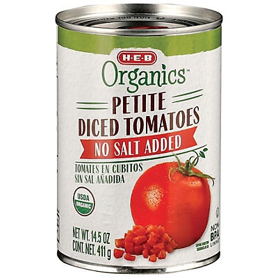 slide 1 of 1, H-E-B Organics No Salt Added Petite Diced Tomatoes, 14.5 oz