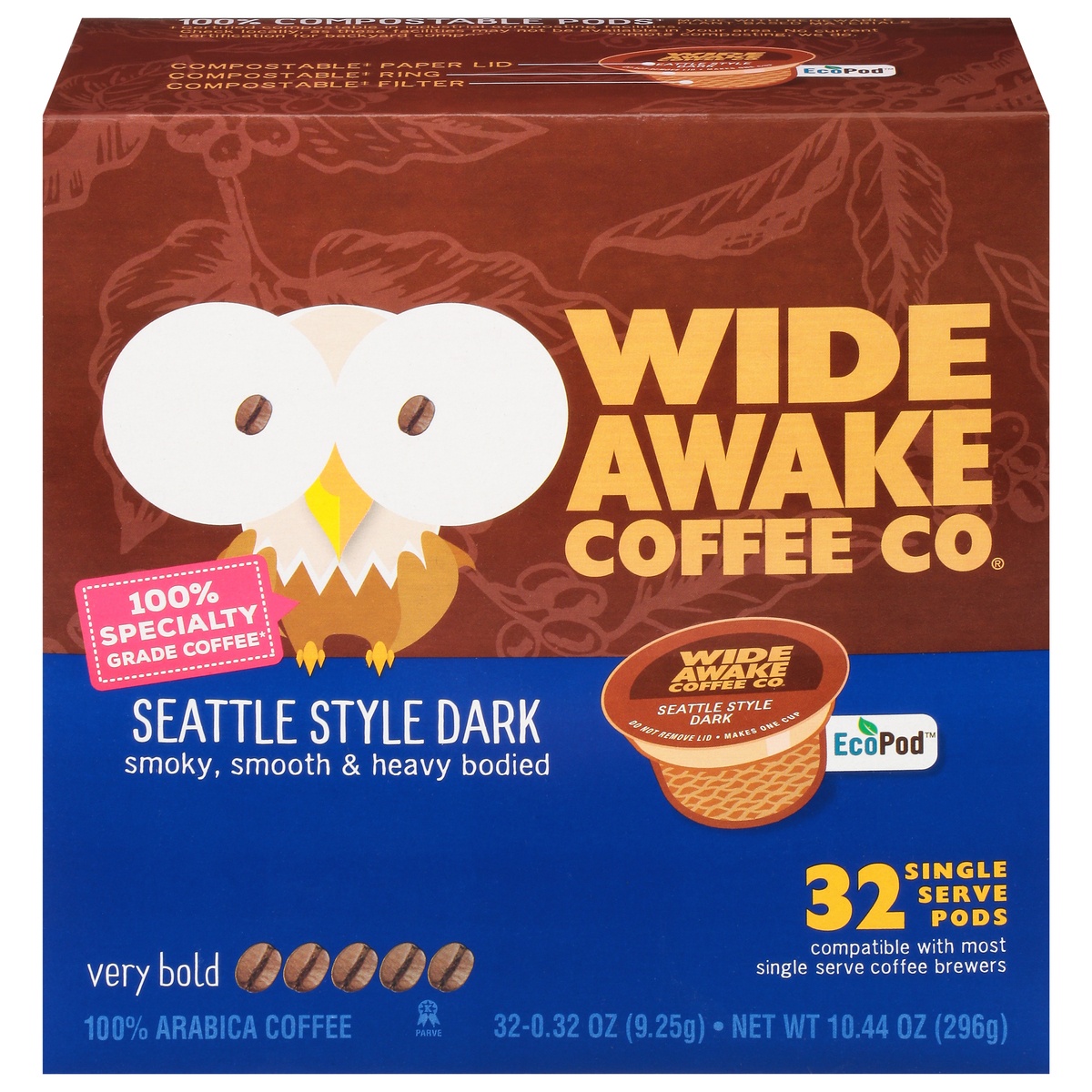 slide 1 of 1, Wide Awake Coffee Co. Single Serve Pods Very Bold Seattle Style Dark Coffee 32 ea, 10.44 oz