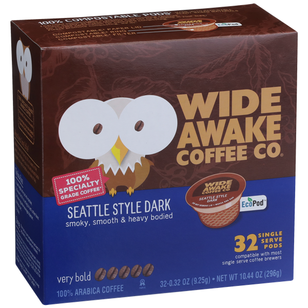 slide 1 of 1, Wide Awake Coffee Co. Very Bold Roast Seattle Style Dark 100% Arabica Coffee Single Serve Pods, 10.44 oz
