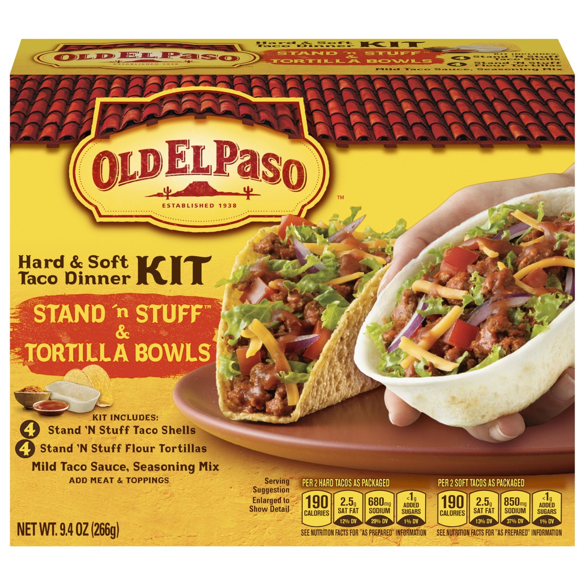 slide 1 of 1, Old El Paso Stand 'N Stuff Shells and Tortilla Bowls, Hard & Soft Taco Dinner Kit, 9.4 oz., 9.4 oz