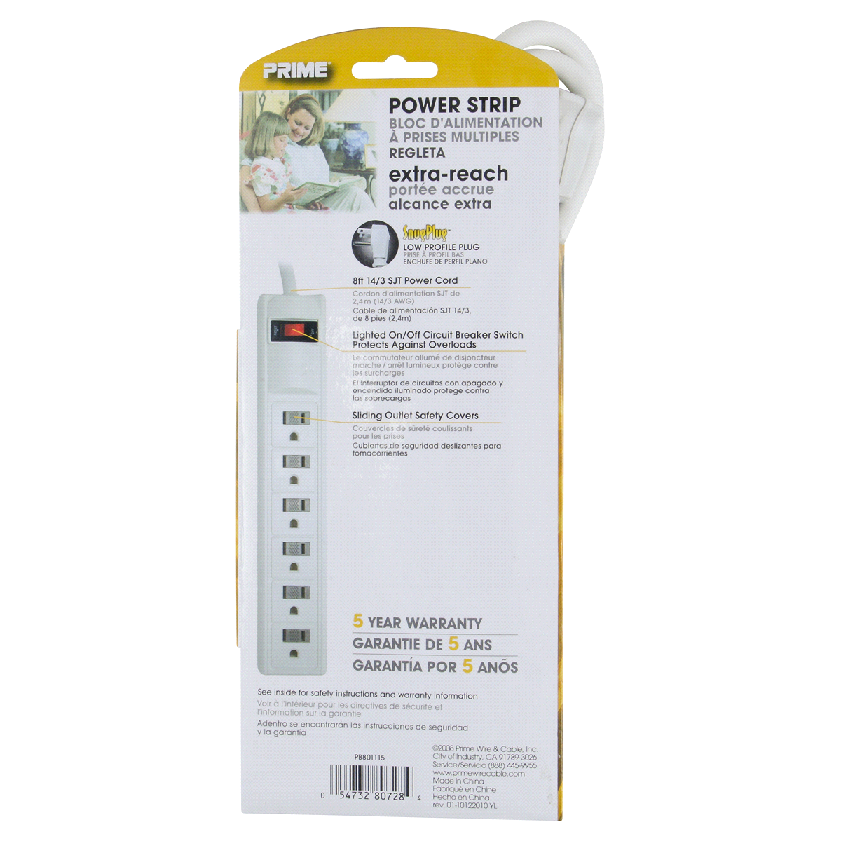 slide 2 of 2, Prime Wire & Cable Prime 6-Outlet White Power Strip, 8 ft