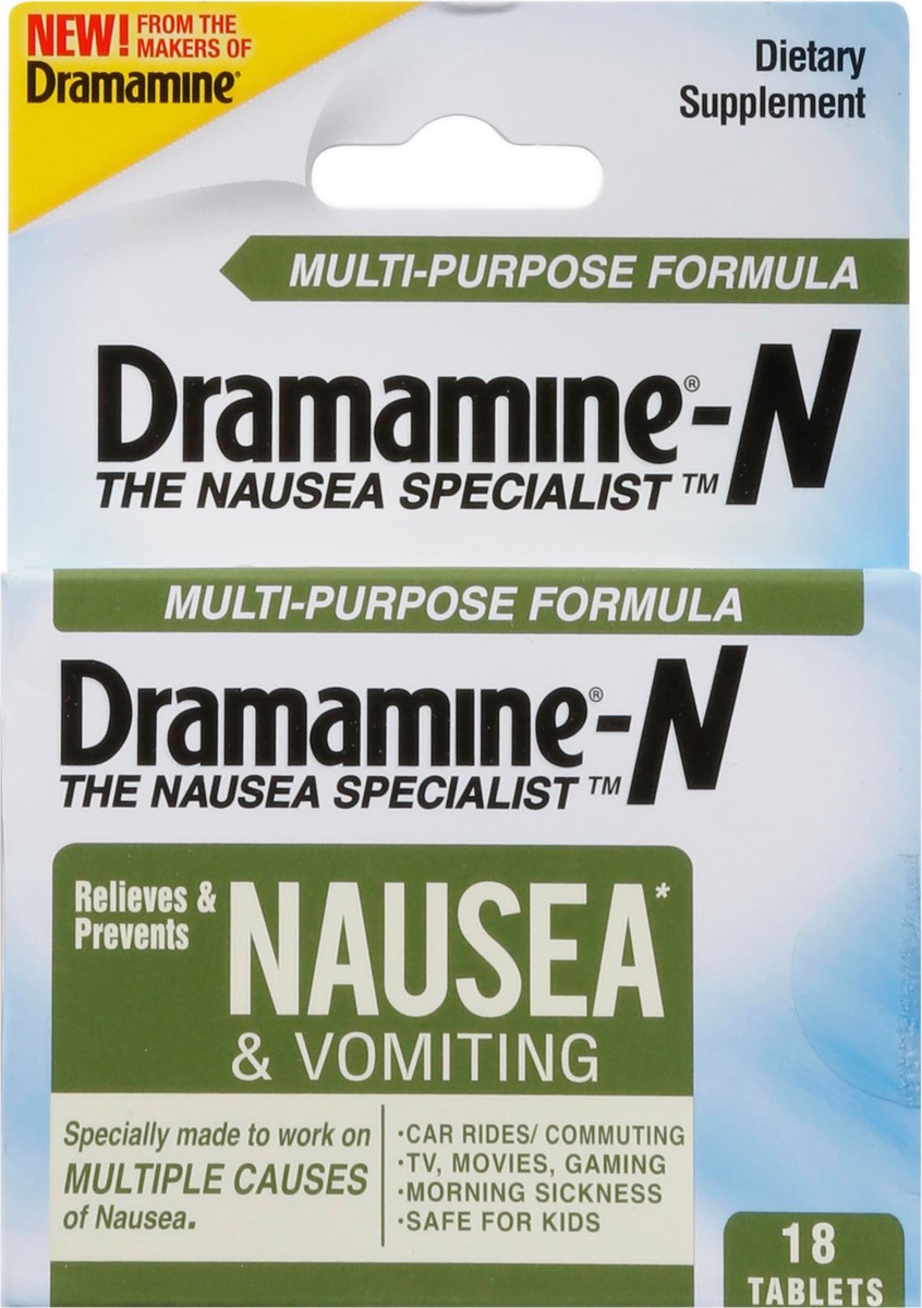 slide 4 of 14, Dramamine Multi-Purpose Formula Nausea & Vomiting 18 Tablets, 18 ct