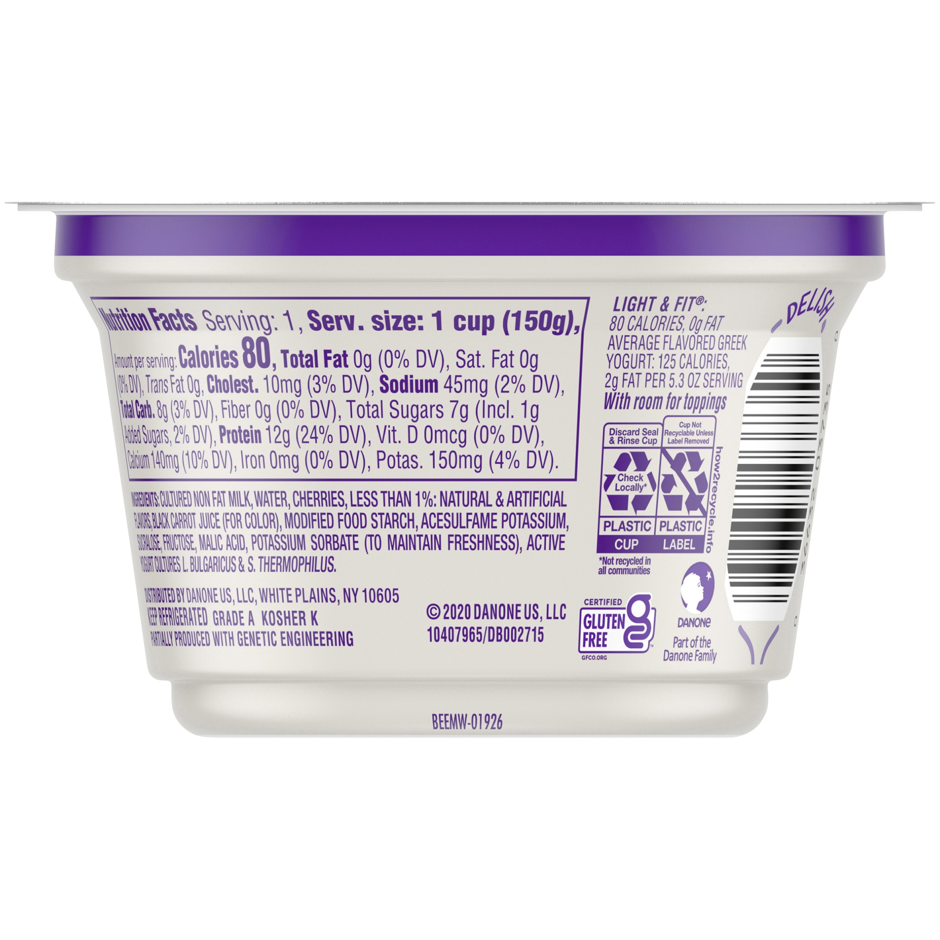 slide 4 of 7, Light + Fit Nonfat Gluten-Free Cherry Greek Yogurt, 5.3 oz