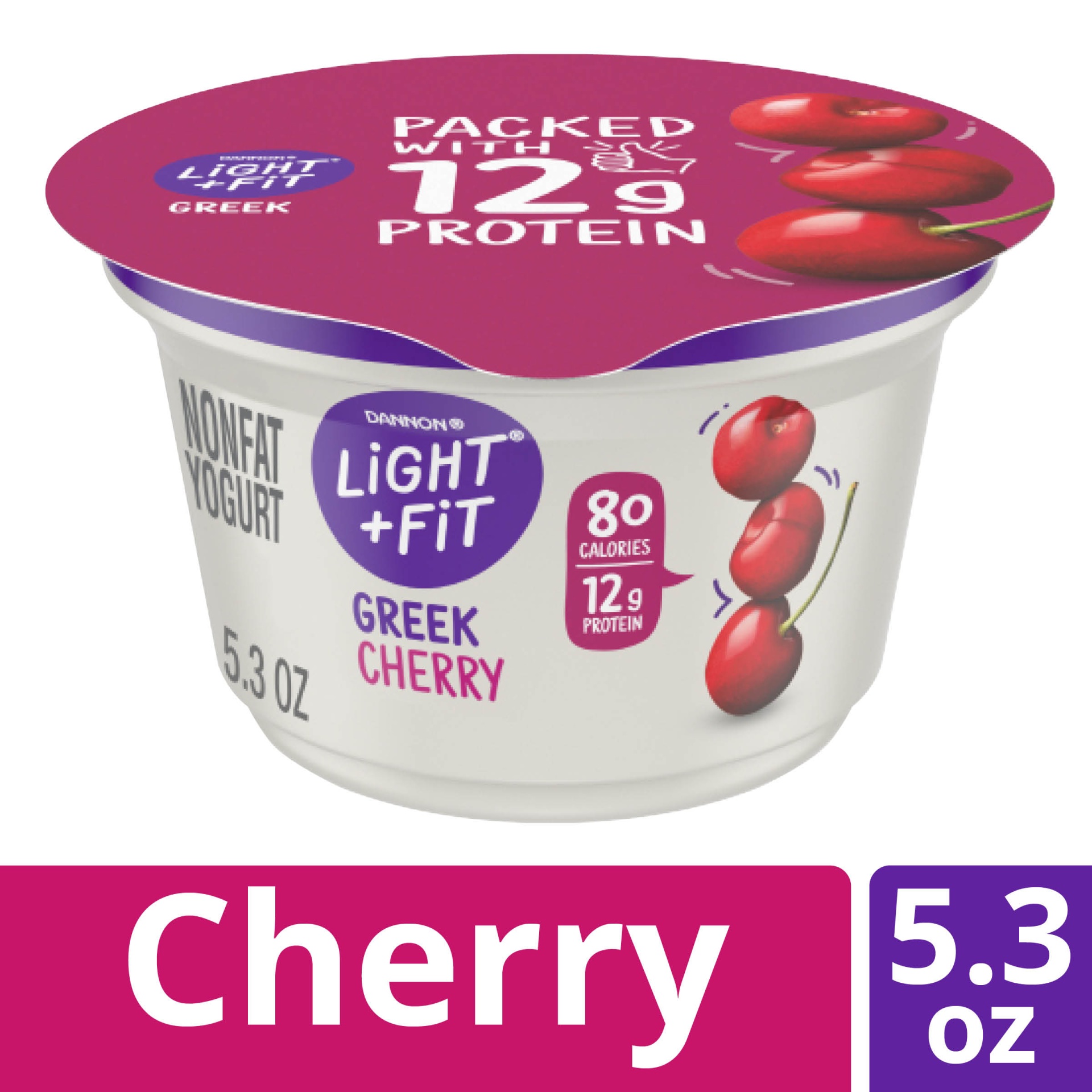 slide 1 of 7, Light + Fit Nonfat Gluten-Free Cherry Greek Yogurt, 5.3 oz