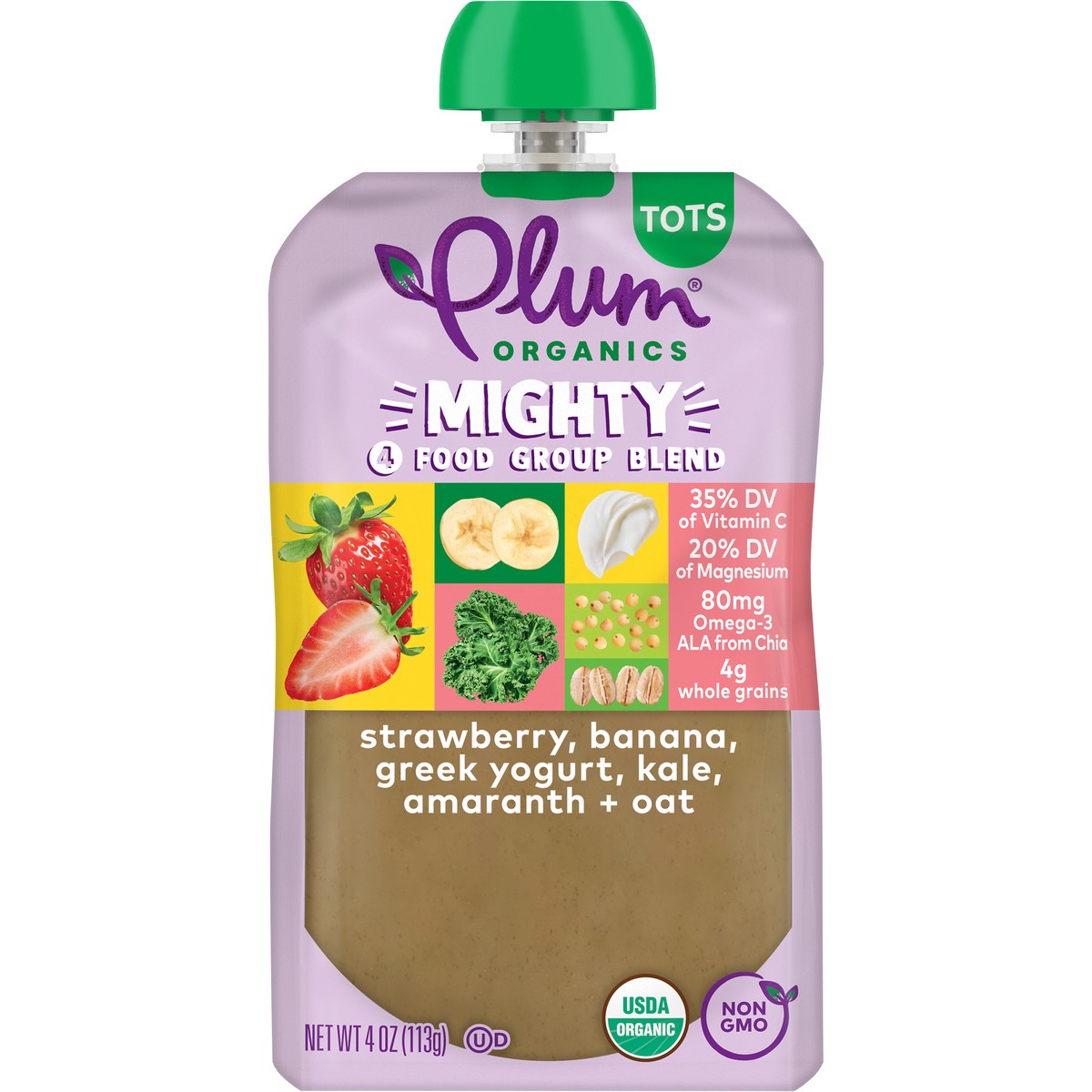 slide 1 of 9, Plum Organics Mighty 4 Food Group Blend Strawberry, Banana, Greek Yogurt, Kale, Amaranth + Oat 4oz Pouch, 4 oz