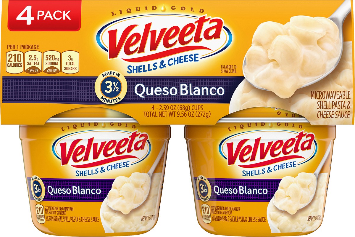 slide 9 of 14, Velveeta Shells & Cheese Queso Blanco Microwavable Shell Pasta & Cheese Sauce, 4 ct Pack, 2.39 oz Cups, 4 ct