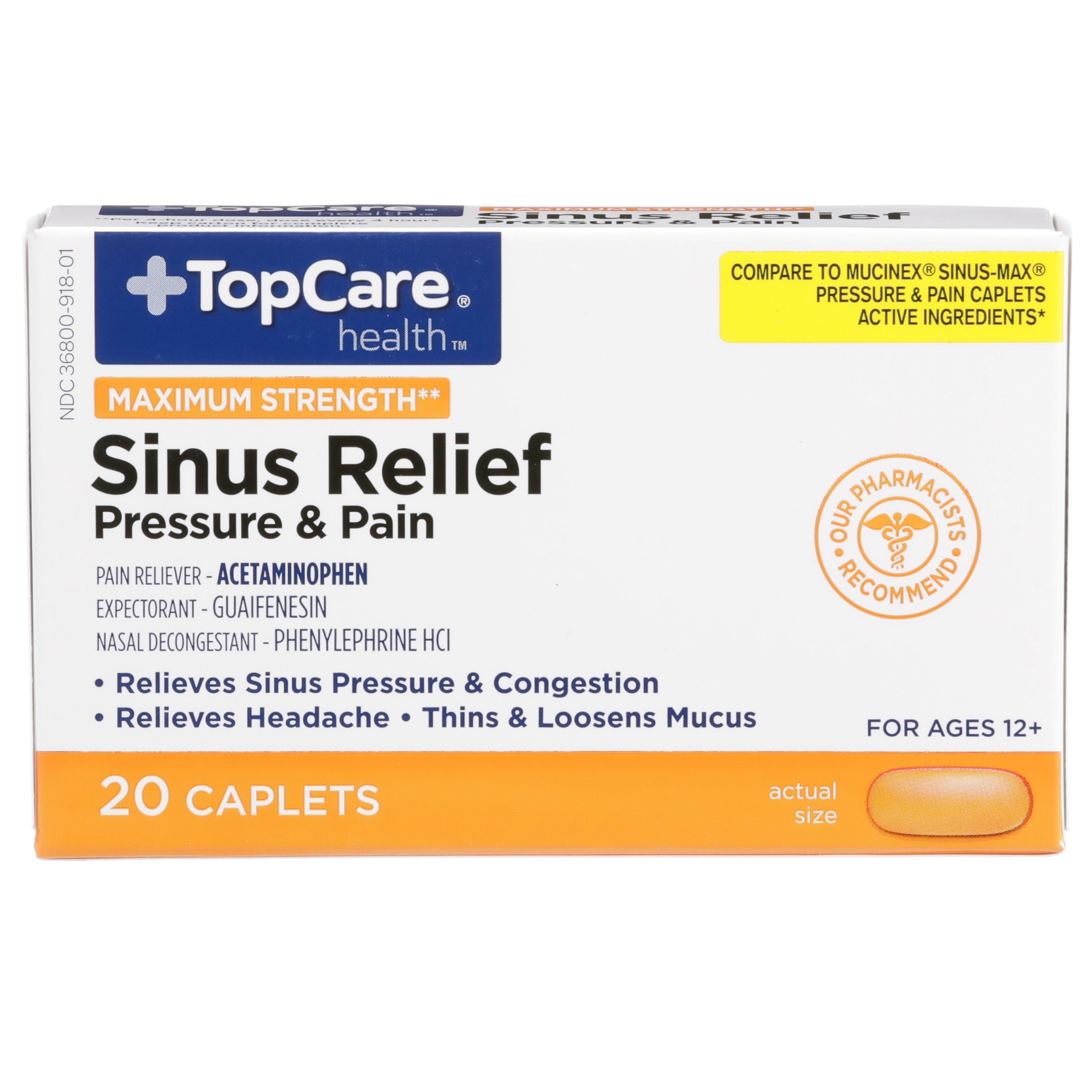 slide 1 of 1, TopCare Maximum Strength Sinus Relief, 20 ct